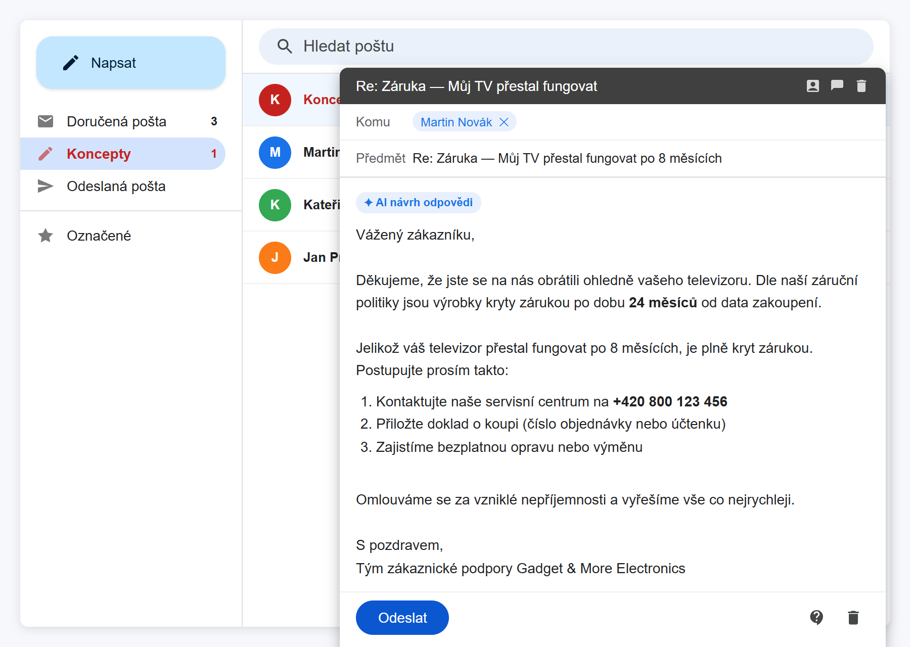 AI návrh e-mailu v Gmailu