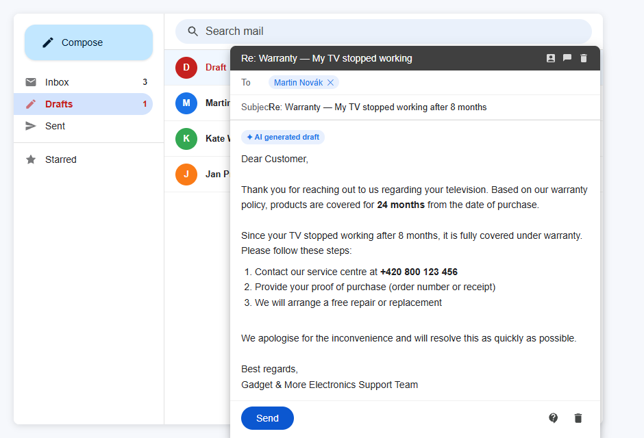 AI generated email draft in Gmail