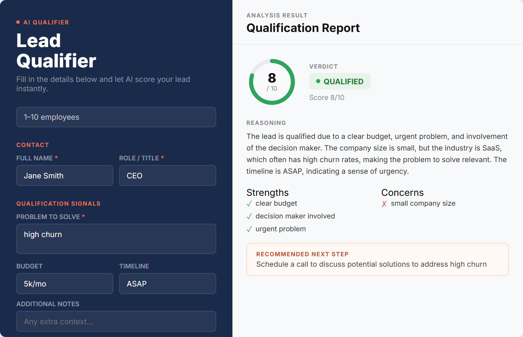 Lead qualifier app — form and AI scoring panel